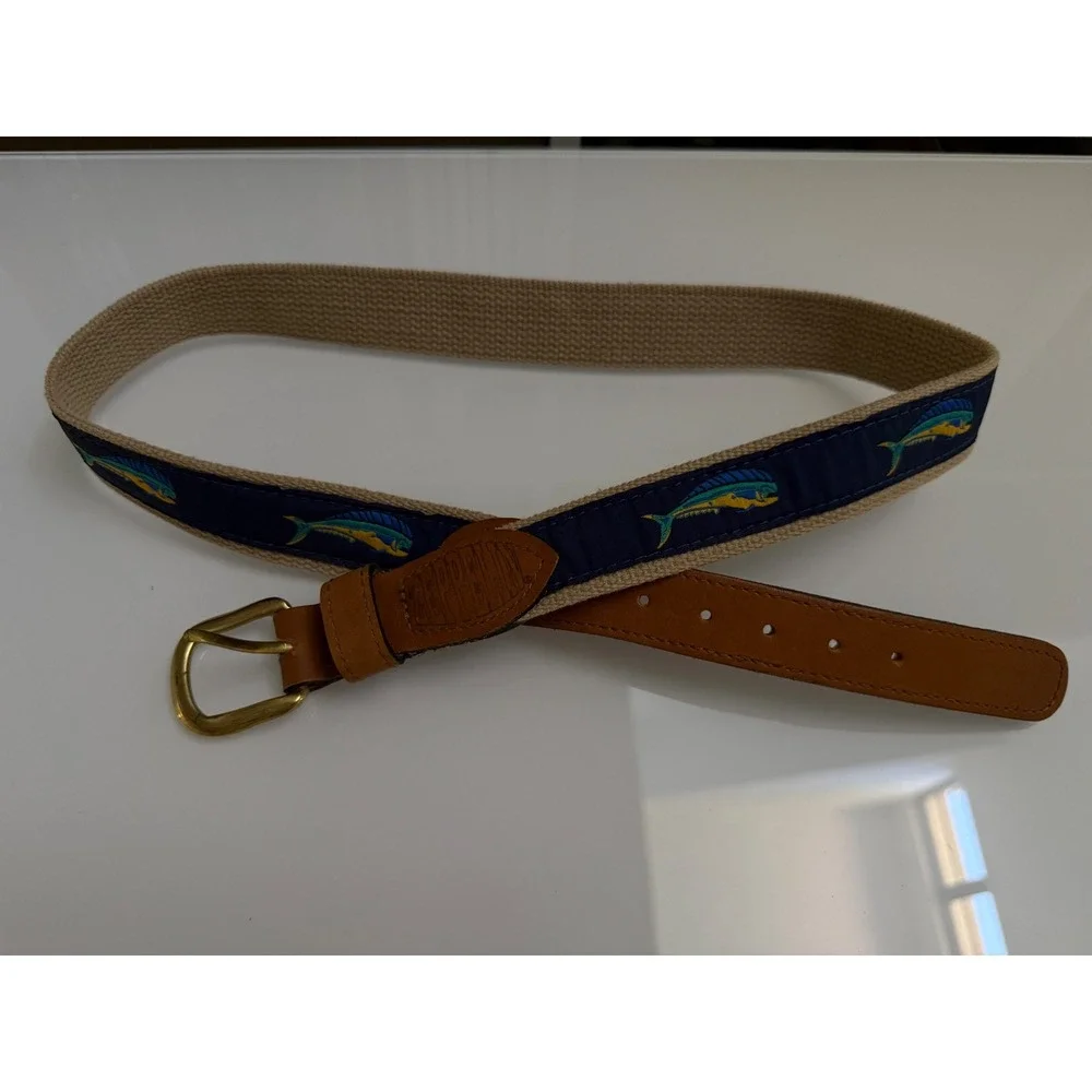 Zeppelin Mahi Mahi Fish Canvas Leather Belt Mens 36 Tan Navy Blue Nautical USA